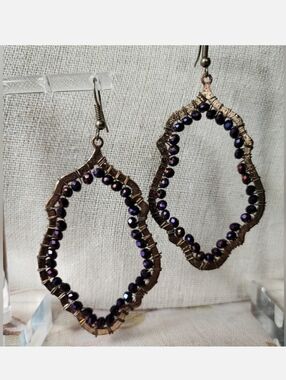 Purple Amethyst Aurora Borealis Bohemian Pierced Brass Tone Long Beaded Earrings